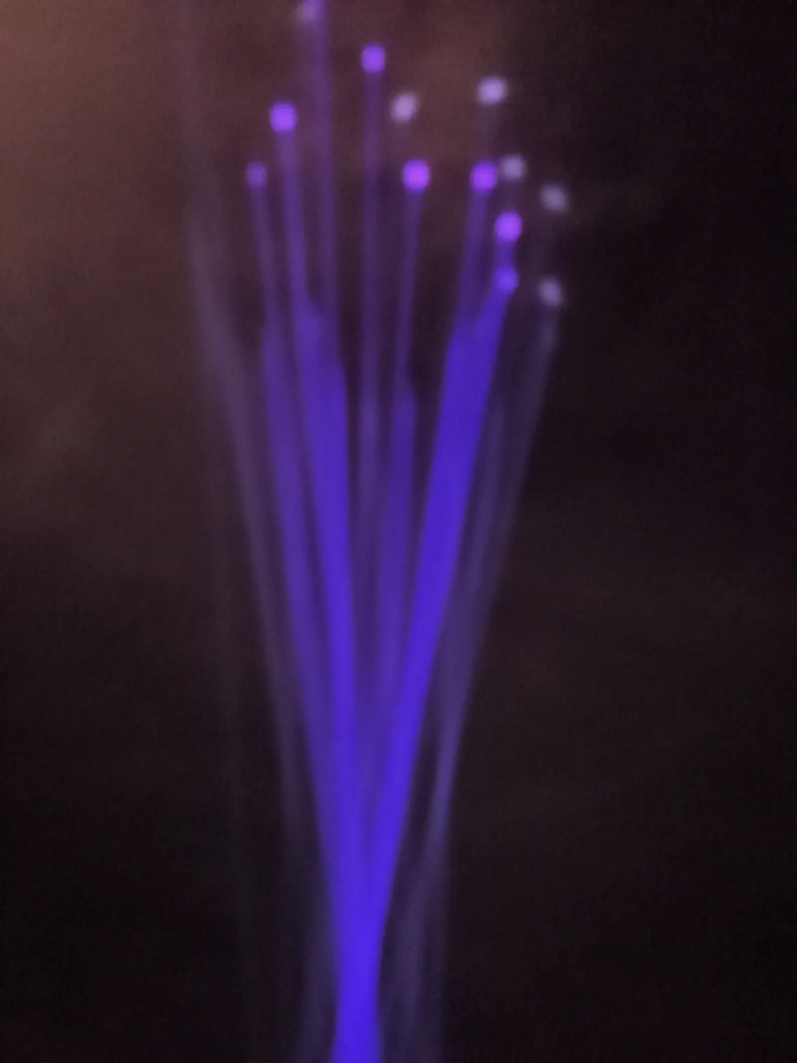 A blurry, dark background with several shimmering purple lines extending upwards, topped with small, bright purple and white dots.