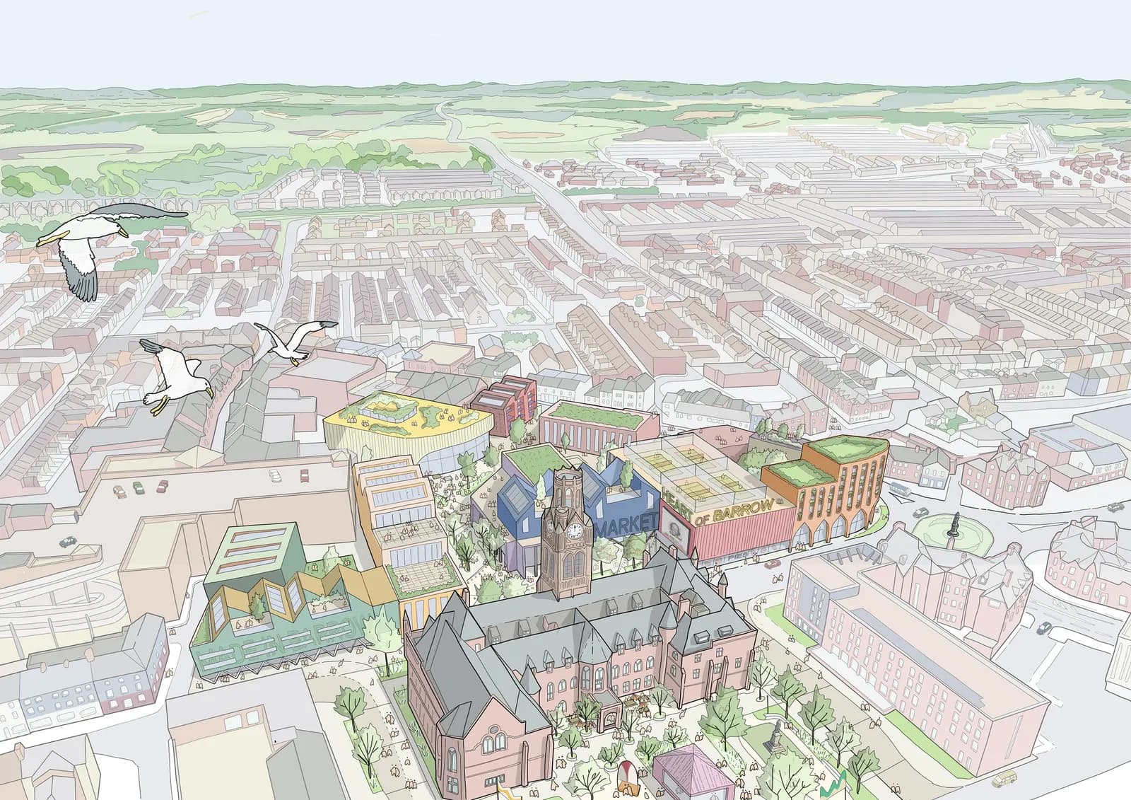 An aerial illustrated view of a city, featuring a prominent clock tower building, surrounded by other buildings, some with green roofs, and three seagulls flying in the upper left.
