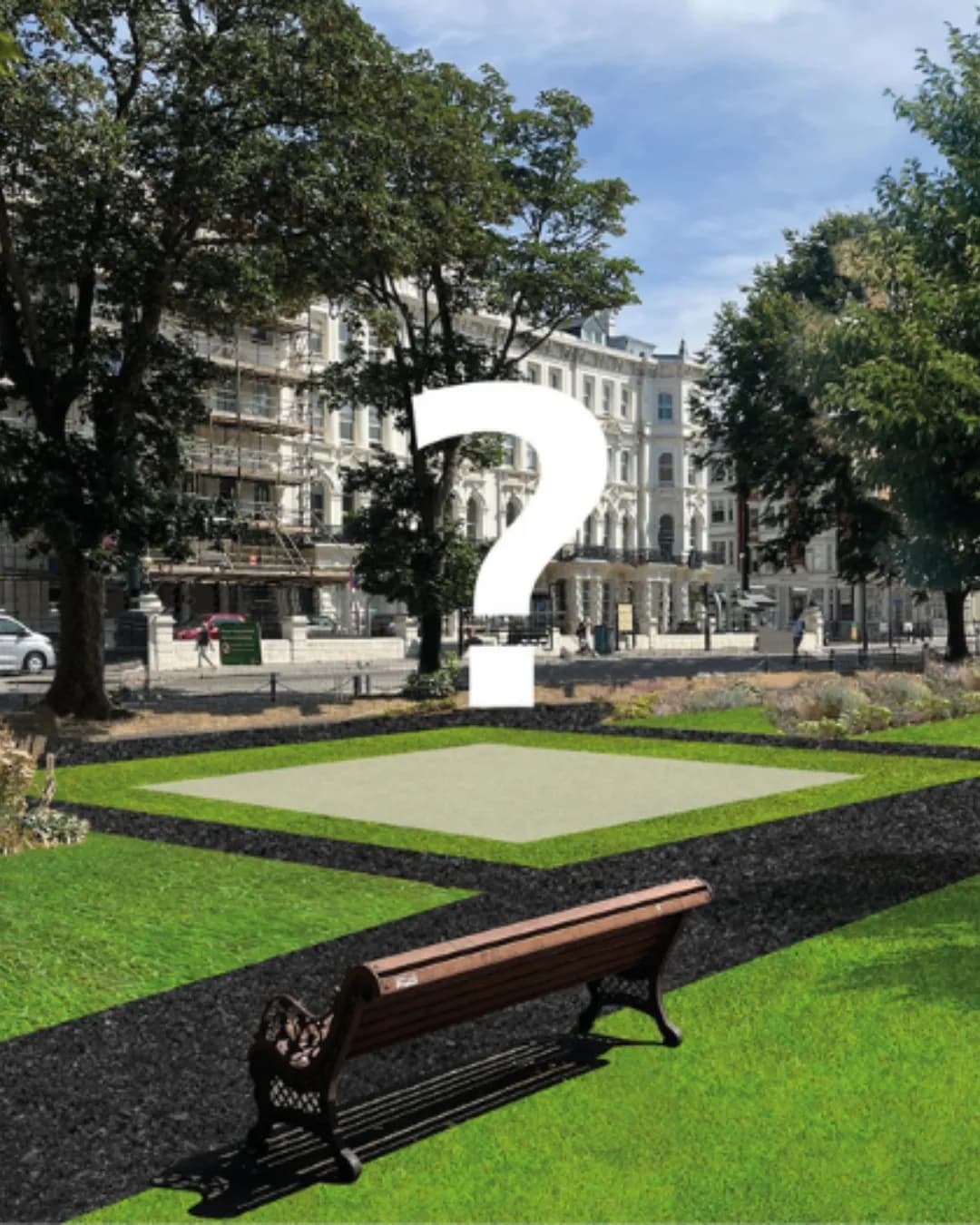 A park scene featuring a question mark in the foreground, with lush green grass, dark pathways, a bench, and a modern building in the background.