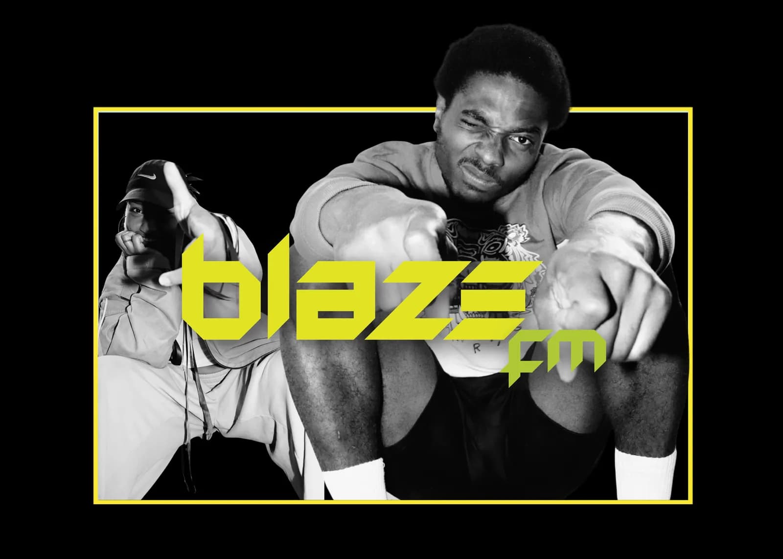 Two men, one winking and pointing at the viewer and the other in a baseball cap giving a thumbs-up, are shown with the yellow text "blaze.fm" superimposed over them.