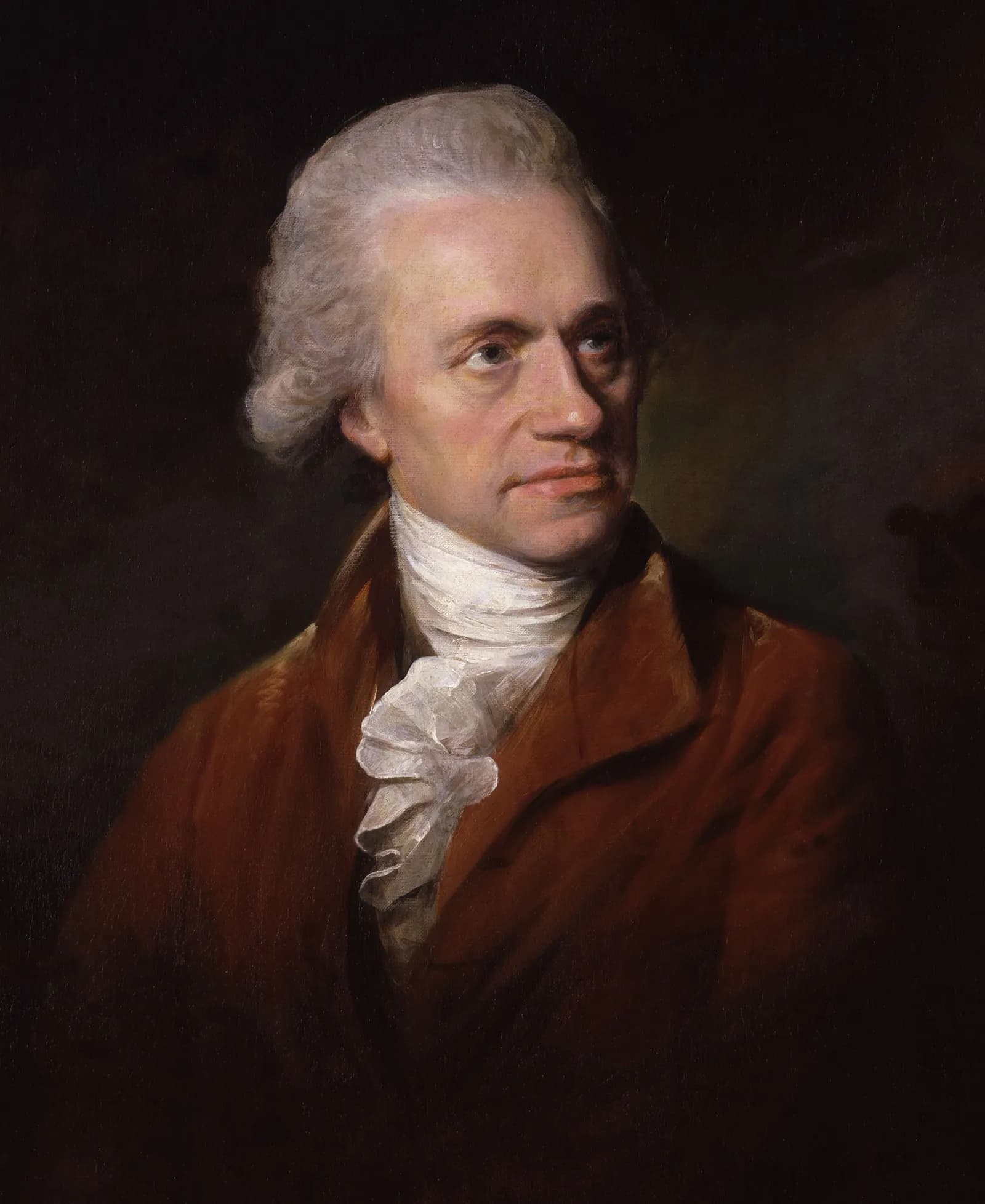 Portrait painting of an older man with gray hair in a brown coat and white ruffled cravat looking slightly to his right.