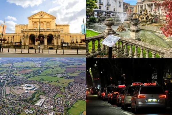 A grid of four images: top left shows a large golden building, top right a fountain in a park, bottom left an aerial view of a town with fields, and bottom right a line of taxis at night.