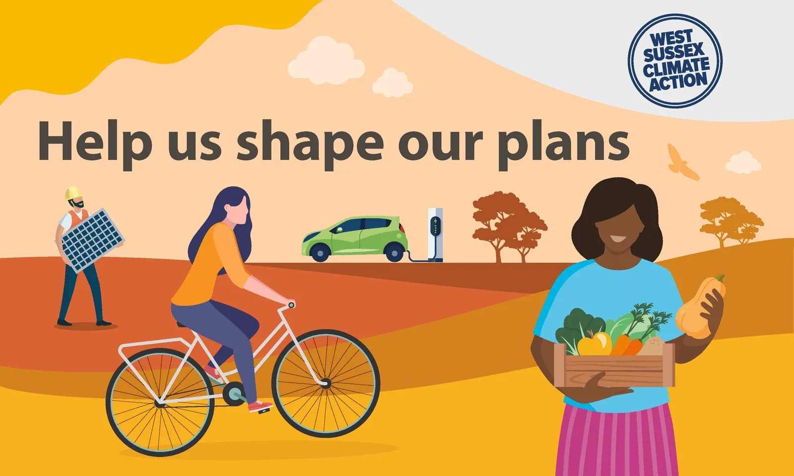 An illustration with the text "Help us shape our plans" featuring a man carrying a solar panel, a woman riding a bicycle, a green electric car charging, and a woman holding a crate of vegetables and a squash.