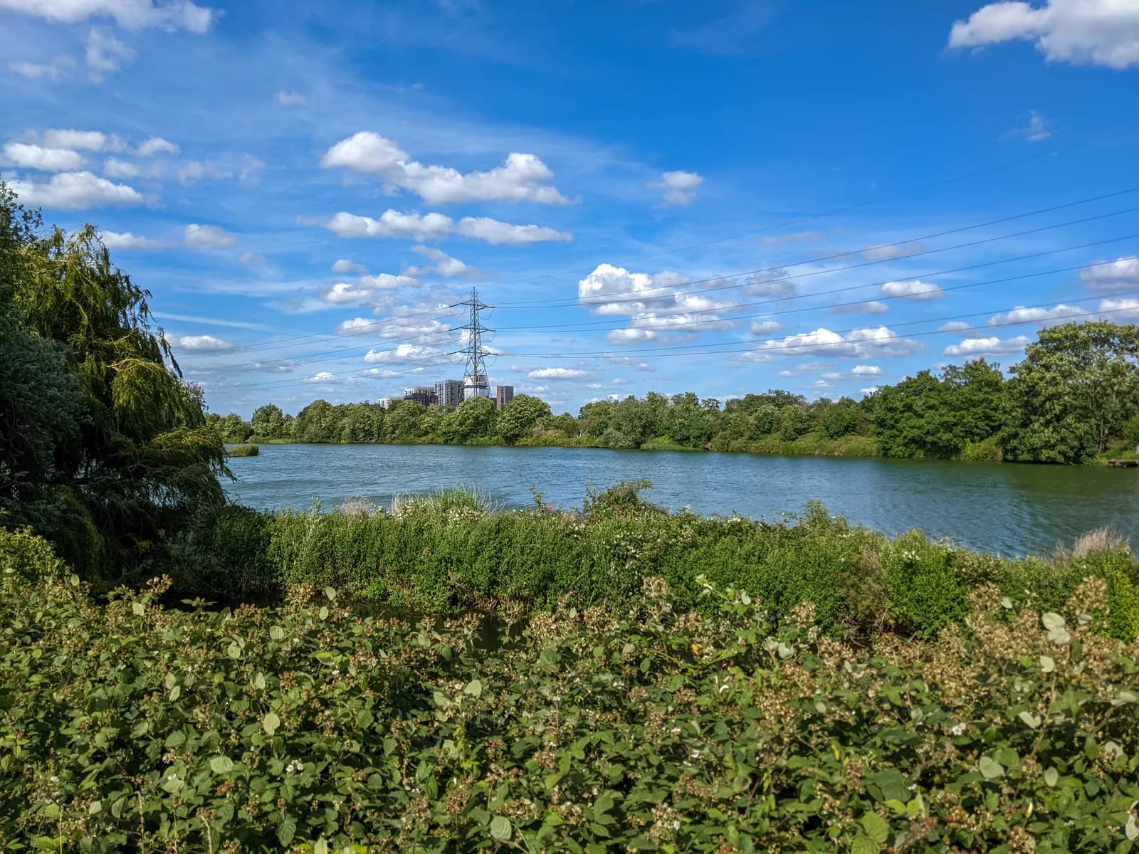 A wide river flows through lush green banks under a blue sky with fluffy white clouds, with a large electricity pylon visible in the distance.