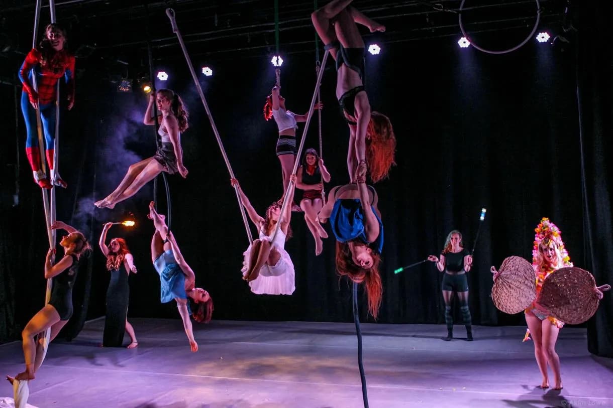 Several women perform aerial acrobatics and other stage acts in a darkly lit room, with one woman dressed as Spiderman and another wearing a tall flowery headpiece.