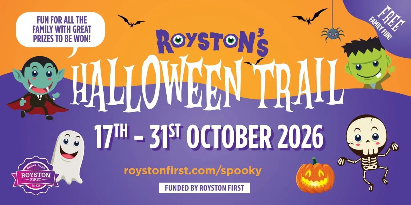 A Halloween-themed banner advertising Royston's Halloween Trail from October 17th to 31st, 2026, featuring cartoon characters like a vampire, ghost, Frankenstein's monster, and a skeleton, along with bats, a spider, and a pumpkin.