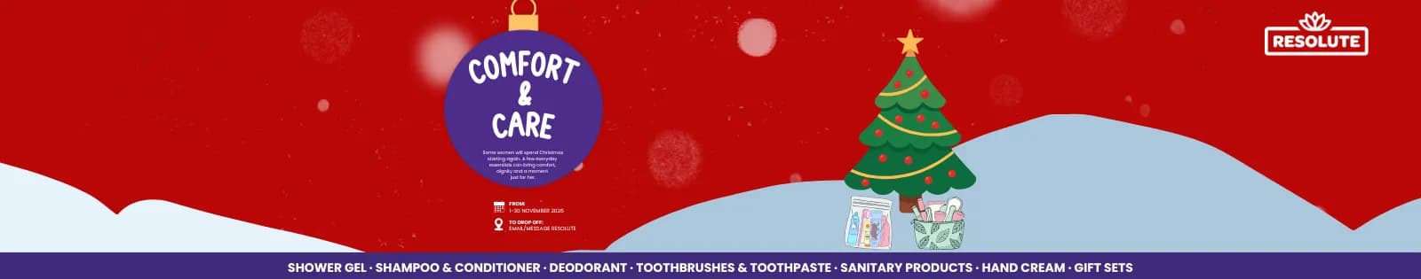 A red banner with snow on the bottom, a purple Christmas ornament with 'COMFORT & CARE' written on it, and a decorated Christmas tree with gifts below it.