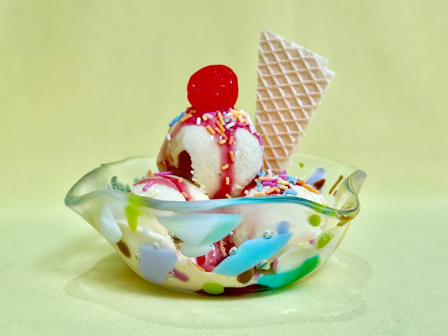 A glass bowl of vanilla ice cream with pink syrup, rainbow sprinkles, a red cherry on top, and a waffle wafer against a light yellow background.