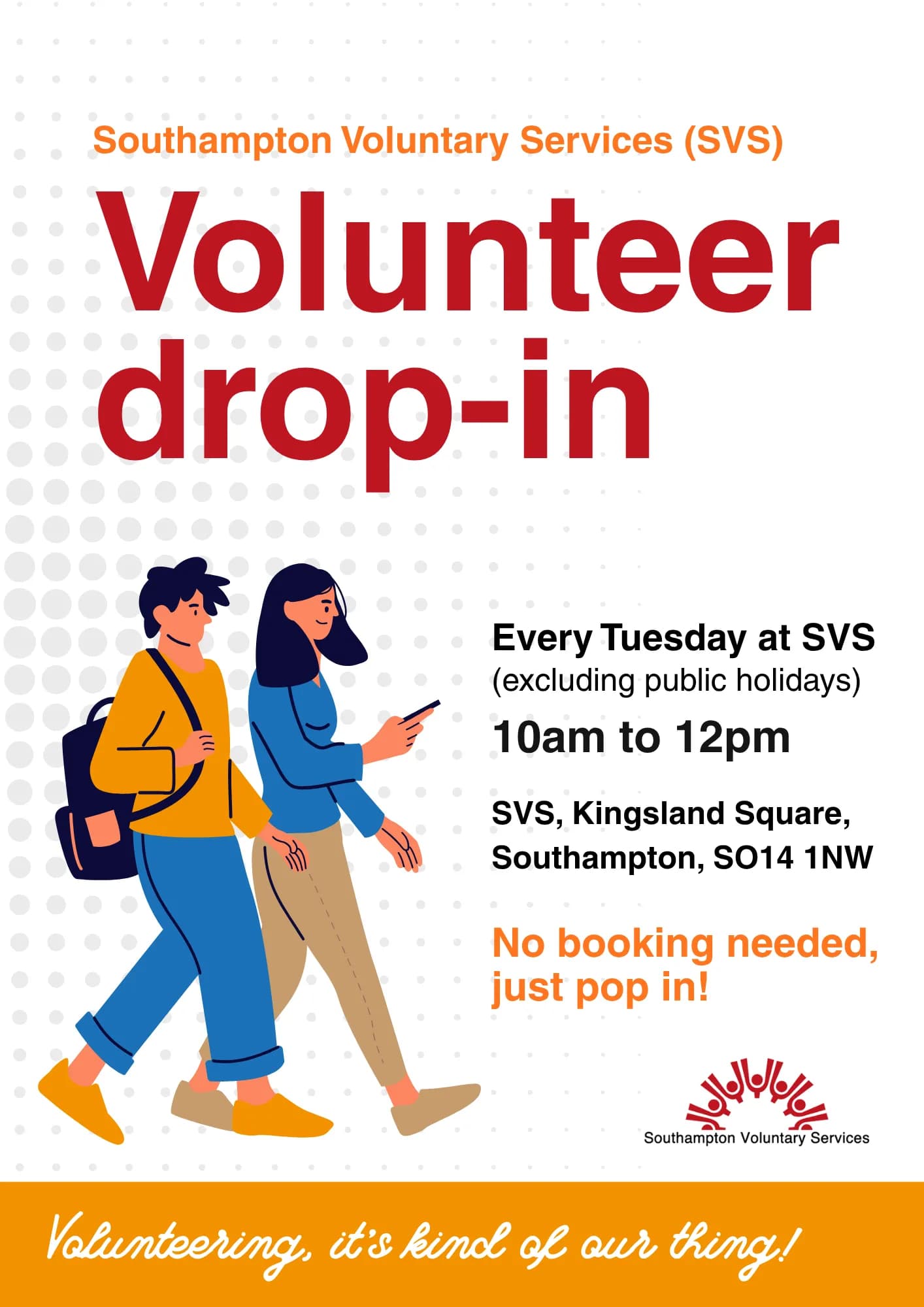A flyer for a Southampton Voluntary Services volunteer drop-in event features cartoon illustrations of a man and woman walking, with event details and a slogan about volunteering.