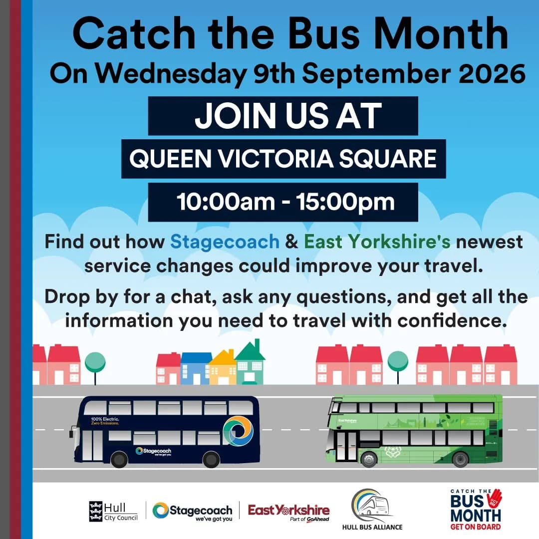 A promotional poster for "Catch the Bus Month" on September 9th, 2026, at Queen Victoria Square, featuring two double-decker buses, one dark blue and one green, driving past a row of colorful houses under a blue sky.