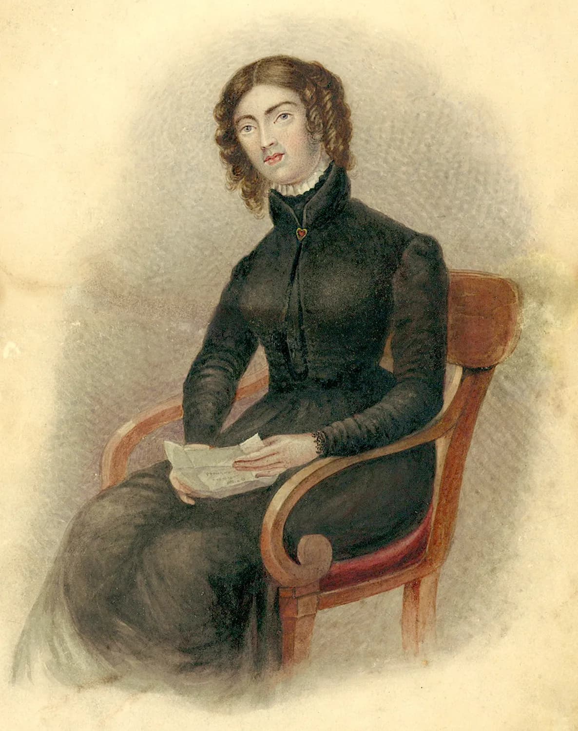 A painting of a woman with dark curly hair sitting in a wooden chair, wearing a black dress with a high collar, and holding a letter in her hands.