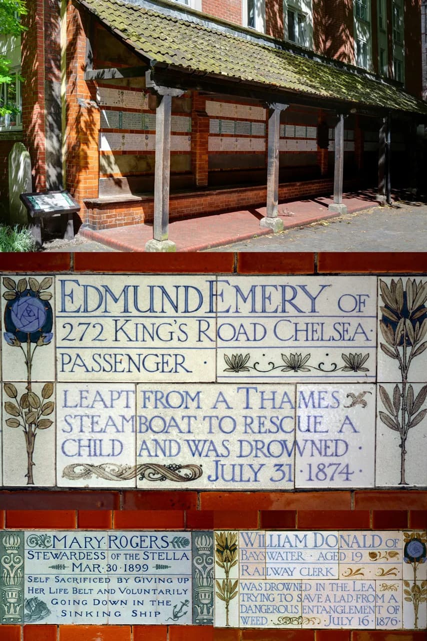 Detailed inscriptions on ceramic tiles commemorate Edmund Emery, Mary Rogers, and William Donald, who sacrificed their lives for others, set against a backdrop of a brick shelter with a tiled roof.