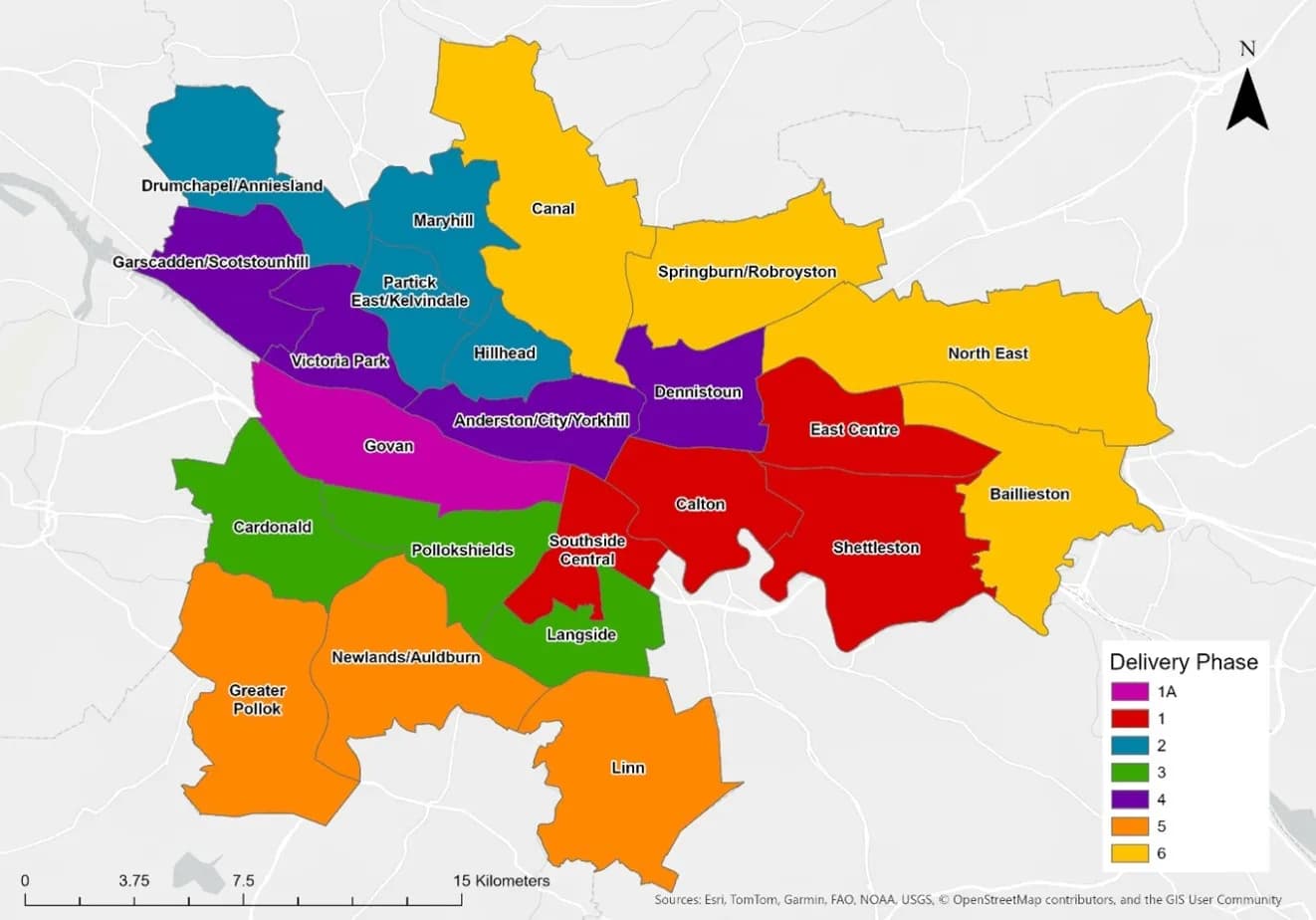 A map of an area of Scotland, possibly Glasgow, showing different districts shaded in various colors according to a 'Delivery Phase' legend, with districts like Drumchapel/Anniesland, Govan, Partick, Hillhead, and others clearly labeled.