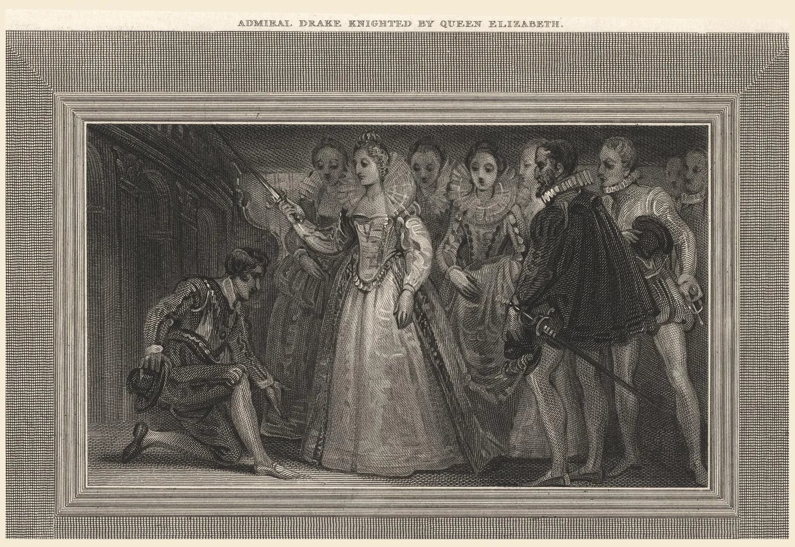 Queen Elizabeth I knights Admiral Drake, who kneels before her while she holds a sword above his head, surrounded by courtiers in a 19th-century engraving.