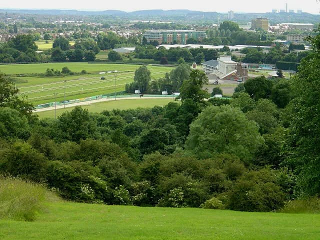 A wide view of a racetrack with green fields surrounded by trees and buildings in the distance under a cloudy sky.