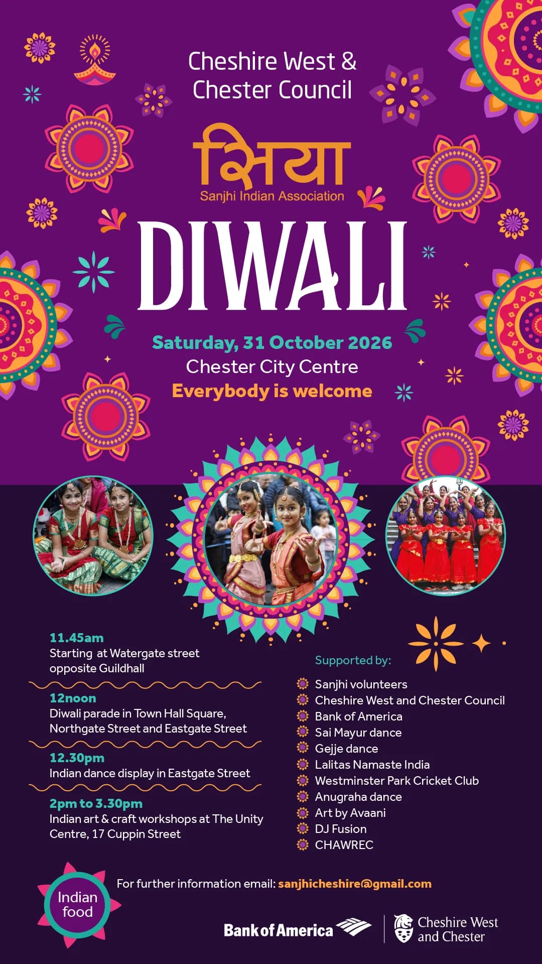 A Diwali event poster featuring three circular images of Indian dancers, with event details and supporting organizations.