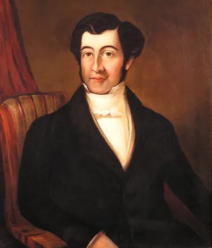A painting of a man with dark hair and sideburns, wearing a black coat and a white cravat, seated in a red striped chair against a brown background.