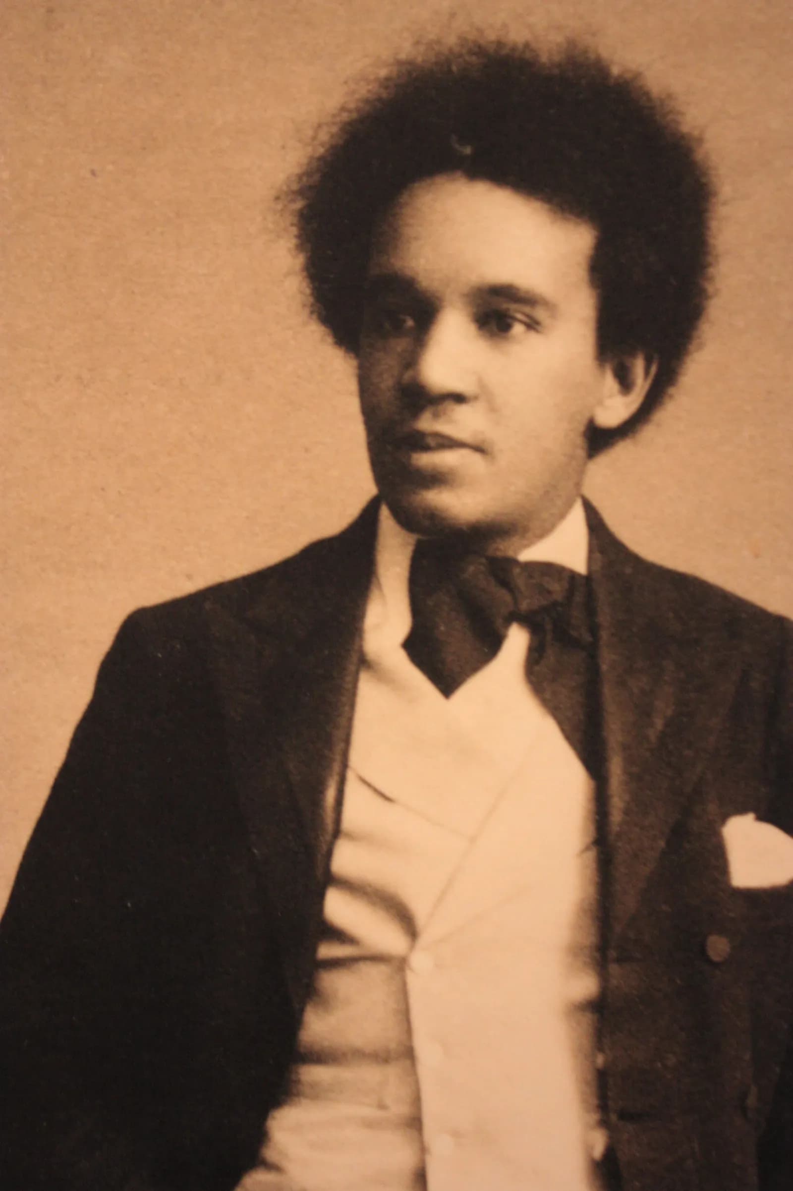 A young man with an afro hairstyle and a serious expression, wearing a suit and bow tie, is captured in a sepia-toned studio portrait.
