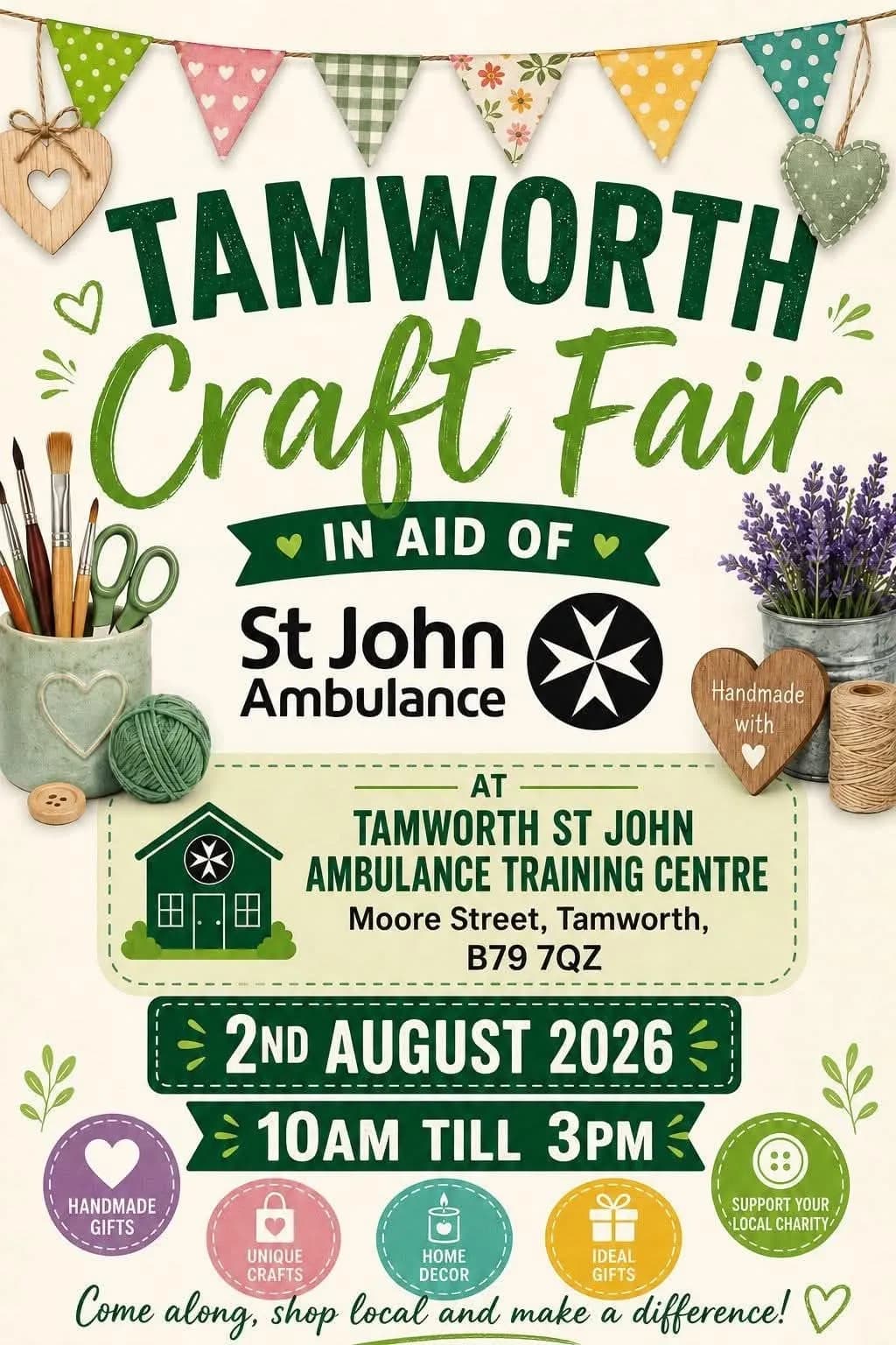 A flyer for the Tamworth Craft Fair, in aid of St John Ambulance, featuring crafting supplies, decorative bunting, and event details.