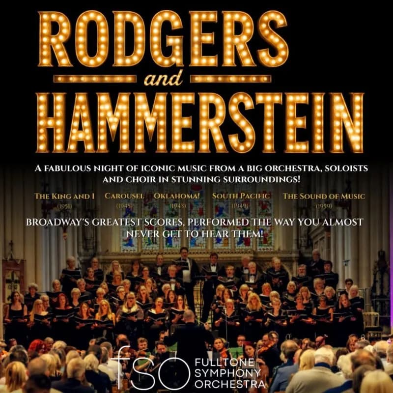 A conductor leads a large choir and orchestra during a live performance in a grand hall, with text overlayed advertising a 'Rodgers and Hammerstein' concert.