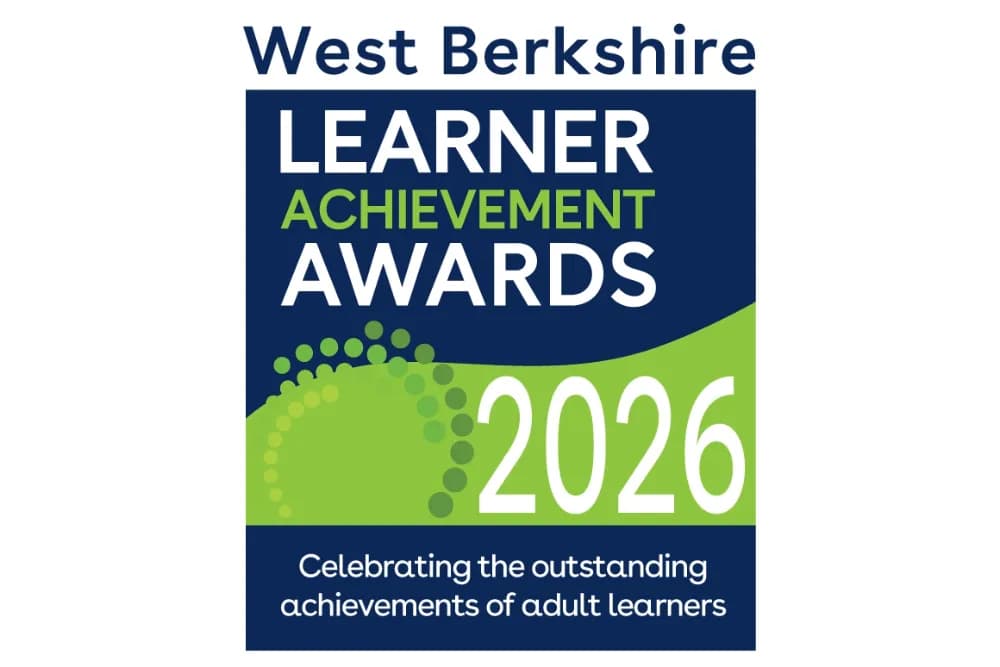 A blue and green logo for the West Berkshire Learner Achievement Awards 2026, celebrating the outstanding achievements of adult learners.