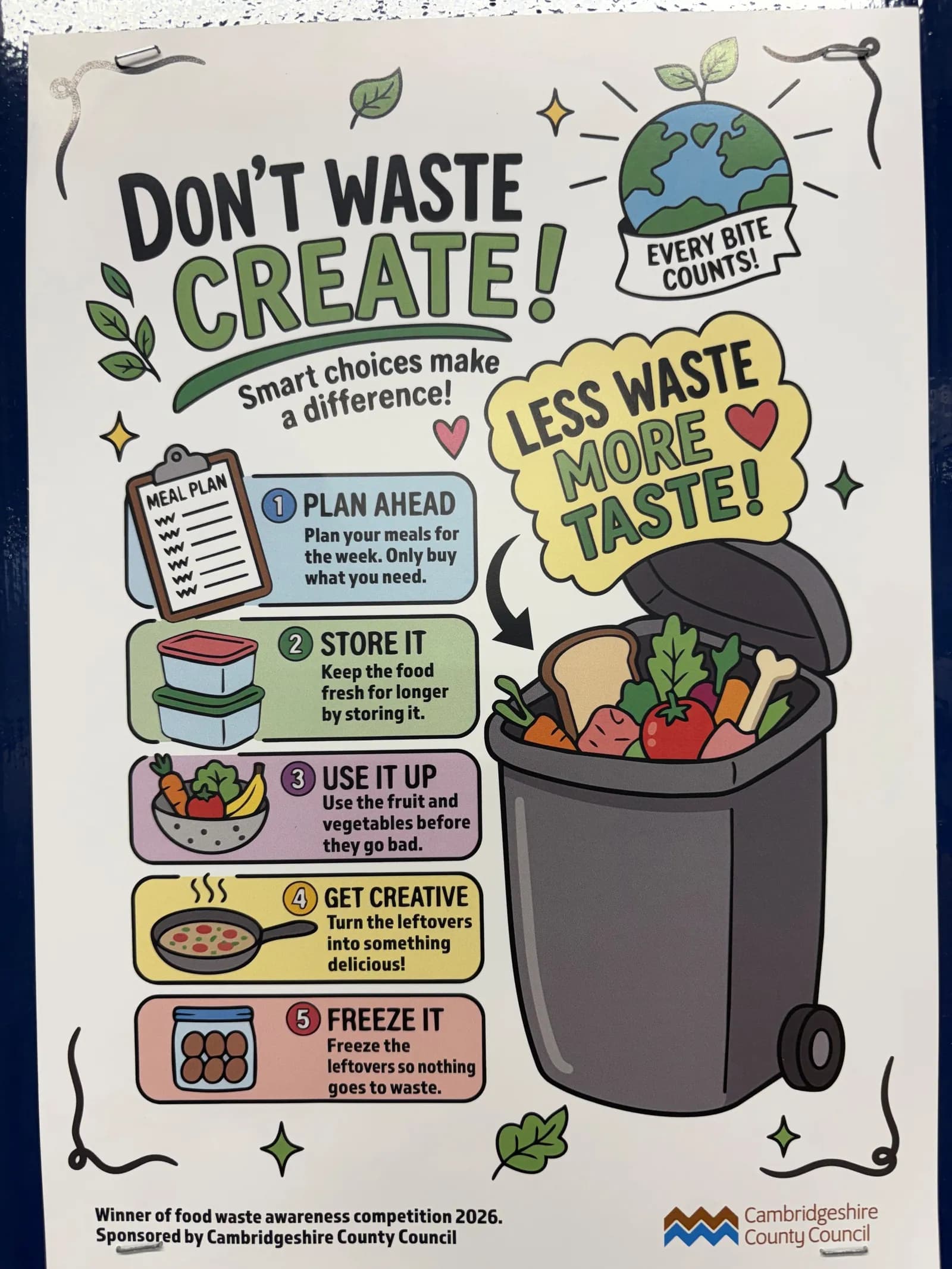 A colorful poster promoting food waste reduction, featuring a list of five tips with accompanying illustrations, and a graphic of a full trash can with the text "LESS WASTE MORE TASTE!".