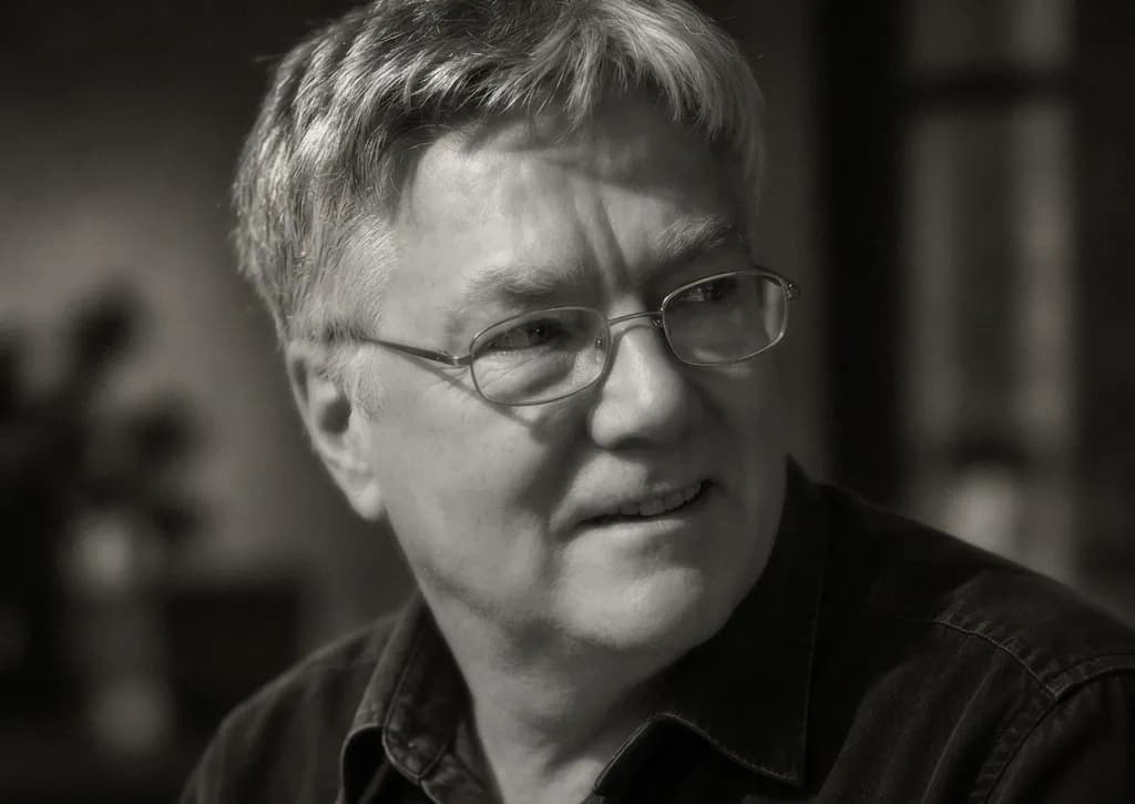 A middle-aged man with glasses and short, light-colored hair looks to the right of the frame with a slight smile.