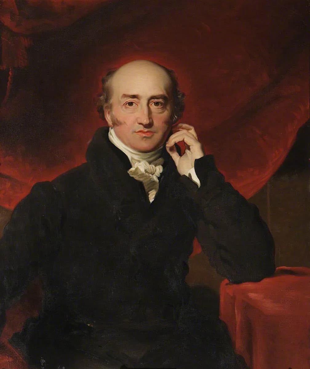 A painting of a balding man in a black coat and white cravat, with a red background, resting his right hand near his chin.