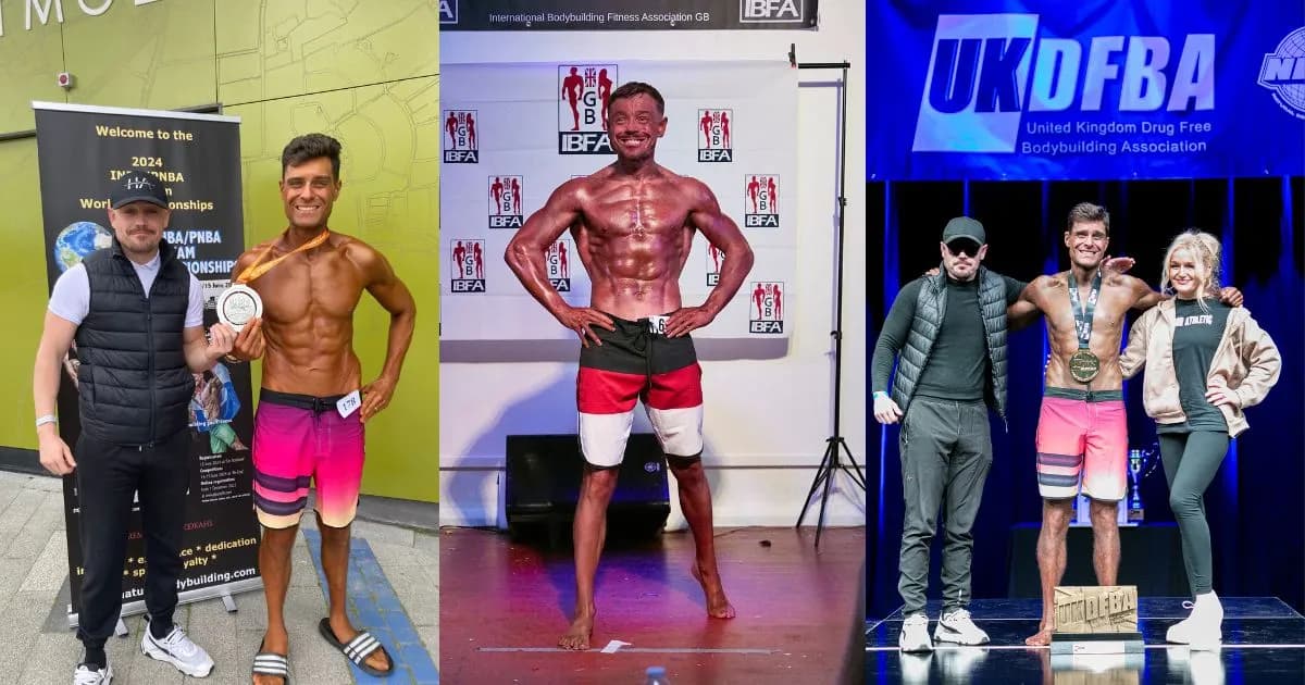 Three panels showing different moments from a bodybuilding competition, with two panels showing men posing with their medals and one showing a male bodybuilder on stage.
