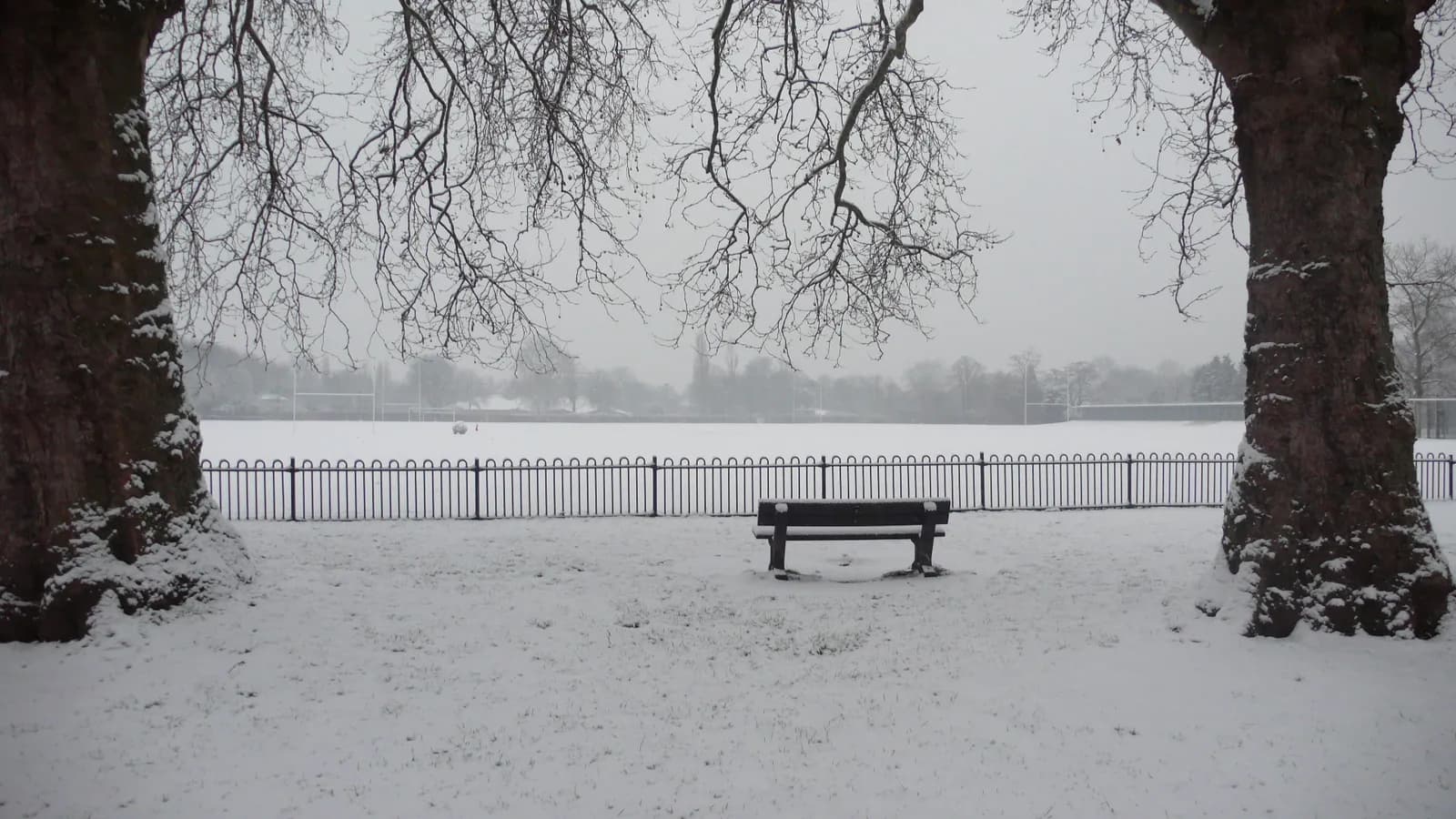 A serene winter landscape featuring a snow-covered park bench in the foreground, framed by barren trees, with a vast football field blanketed in white snow in the background under an overcast sky.