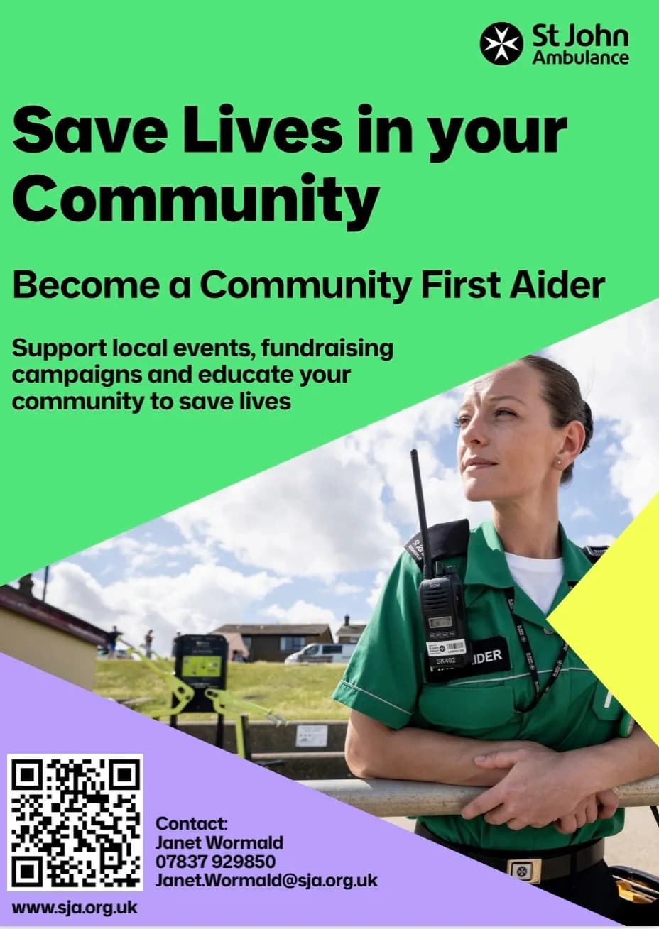 A woman in a St John Ambulance uniform, wearing a radio, looks to the right against a backdrop of a sky and distant buildings, with text overlaid promoting community first aid.