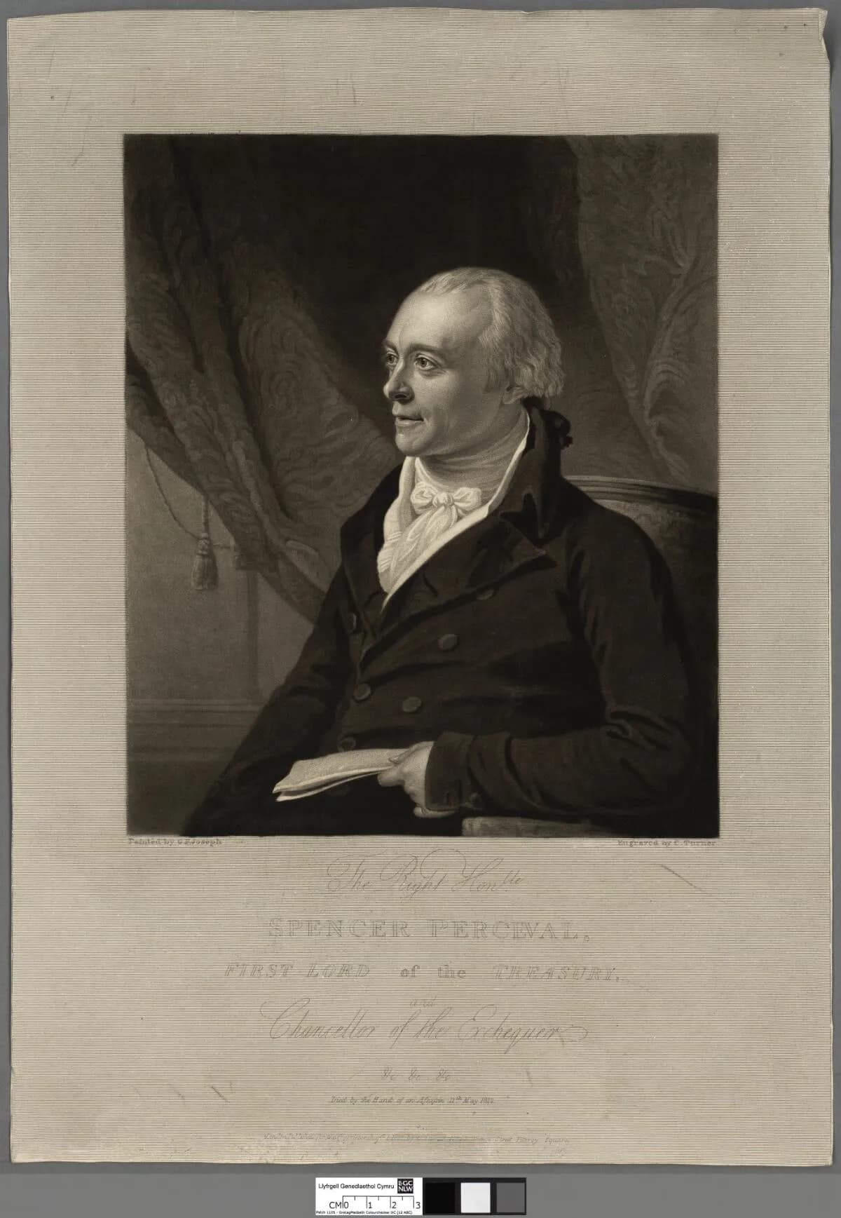 A black and white portrait of Spencer Perceval, dressed in formal attire, looking to the left with a slight smile.