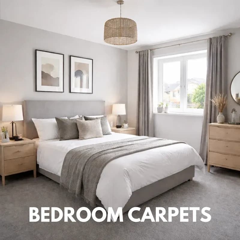 A modern bedroom with a grey bed, white bedding, and light grey carpet, featuring two framed abstract pictures above the bed and a window with grey curtains.