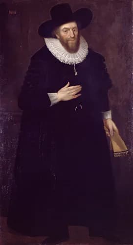 A portrait painting of a man in 17th-century attire, including a black hat, a large white ruff, and a dark robe, with his hand on his chest and holding a fan.