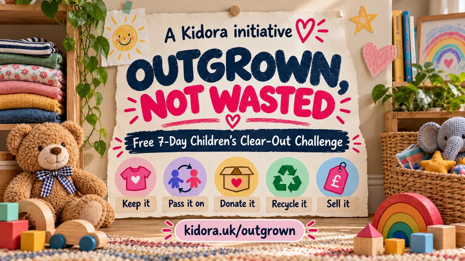 A magazine hero image for Kidora's "Outgrown, Not Wasted" campaign, showing a large white banner with colorful text and icons, surrounded by children's items like a teddy bear, wooden blocks, stacked clothes, and a basket of toys.