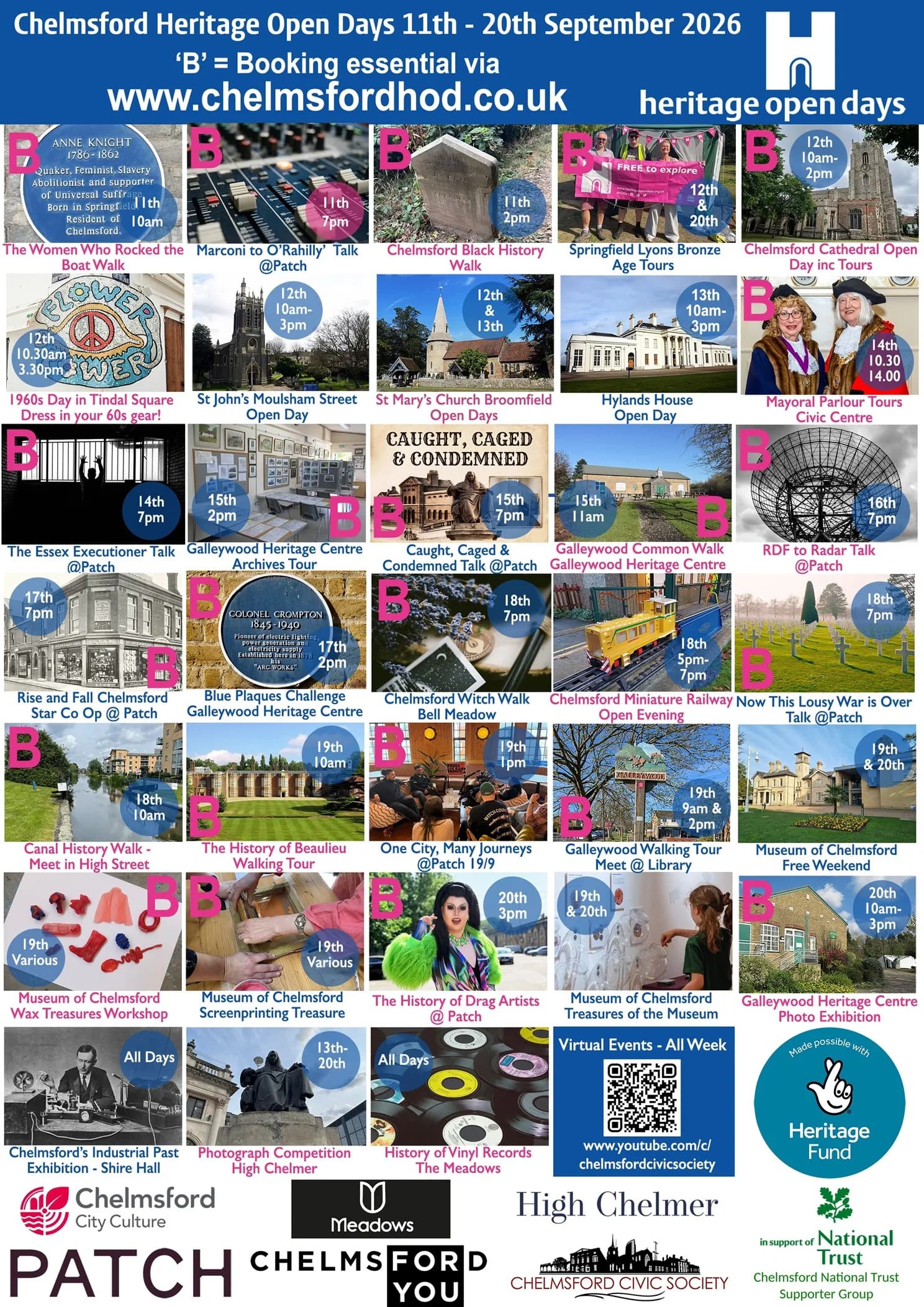 A colourful grid layout advertises various Chelmsford Heritage Open Days events.