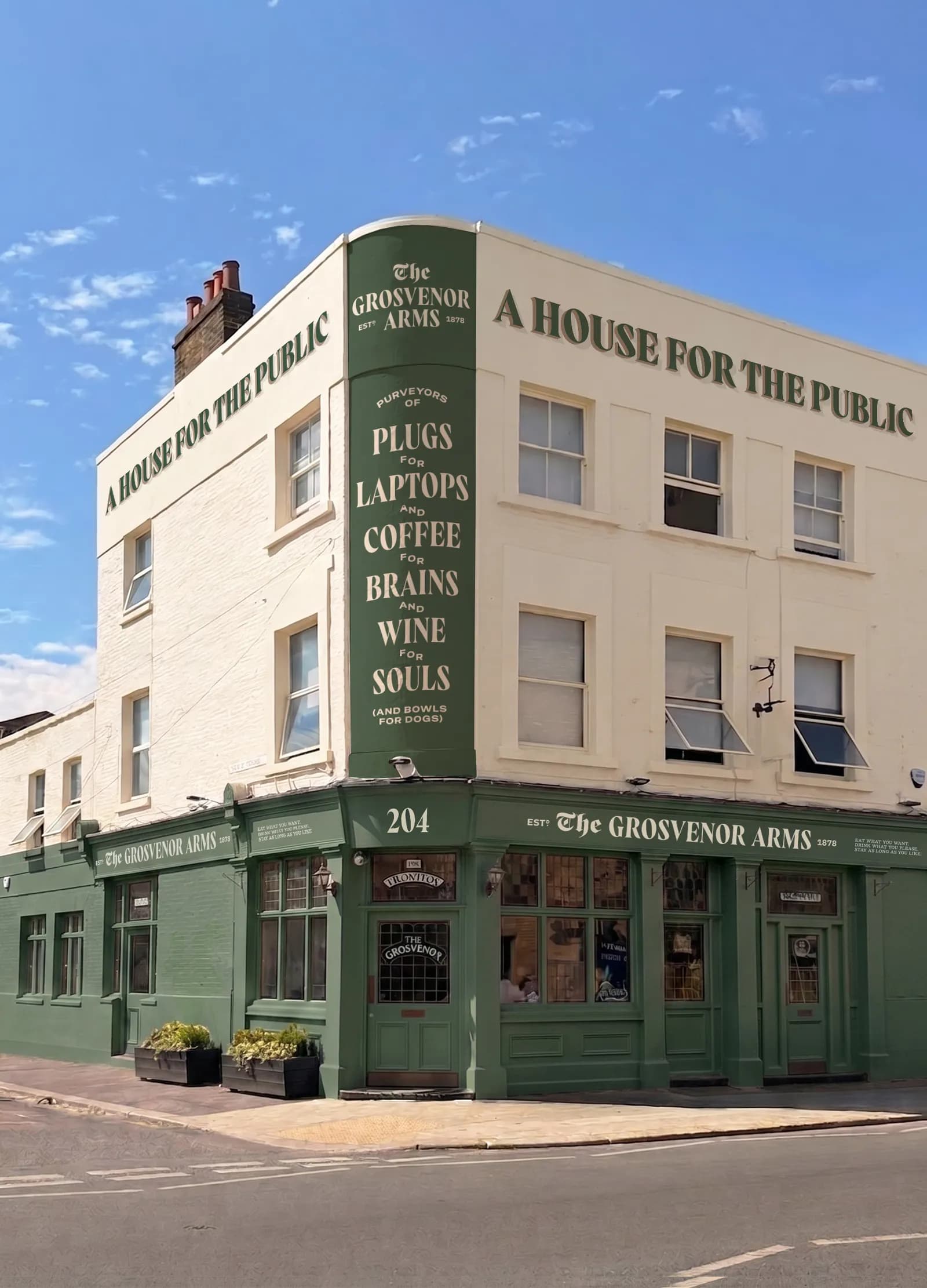 A corner building, The Grosvenor Arms, painted cream and dark green, with signs indicating it's a house for the public, providing plugs, coffee, wine, and bowls for dogs.