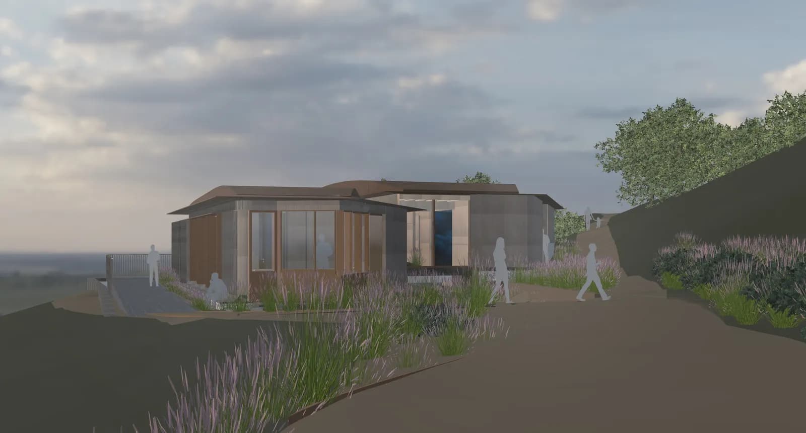 An architectural rendering of a modern, multi-level building with large windows and a flat roof, situated on a hillside with a path leading up to it, and a cloudy sky overhead.