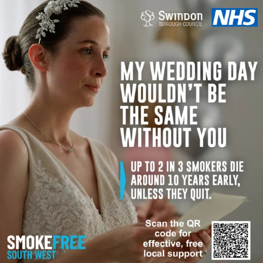 A woman in a wedding dress looks to her right while holding a card, with text next to her that reads, "MY WEDDING DAY WOULDN'T BE THE SAME WITHOUT YOU" and provides information about quitting smoking.