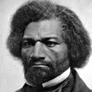 A black and white portrait of Frederick Douglass with a serious expression, looking slightly to the right.