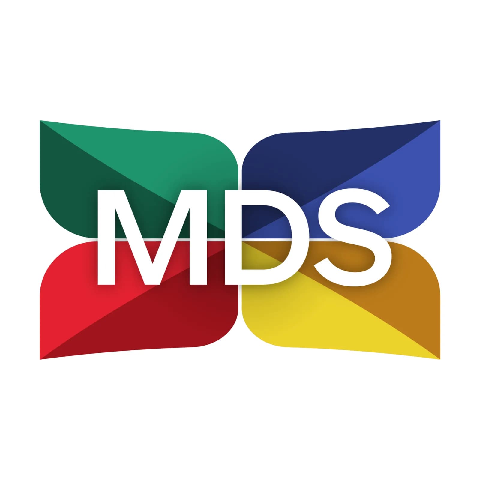 The letters MDS in white, centrally placed over four colorful leaf-like shapes arranged in a cross pattern: green at the top left, blue at the top right, red at the bottom left, and yellow-orange at the bottom right.