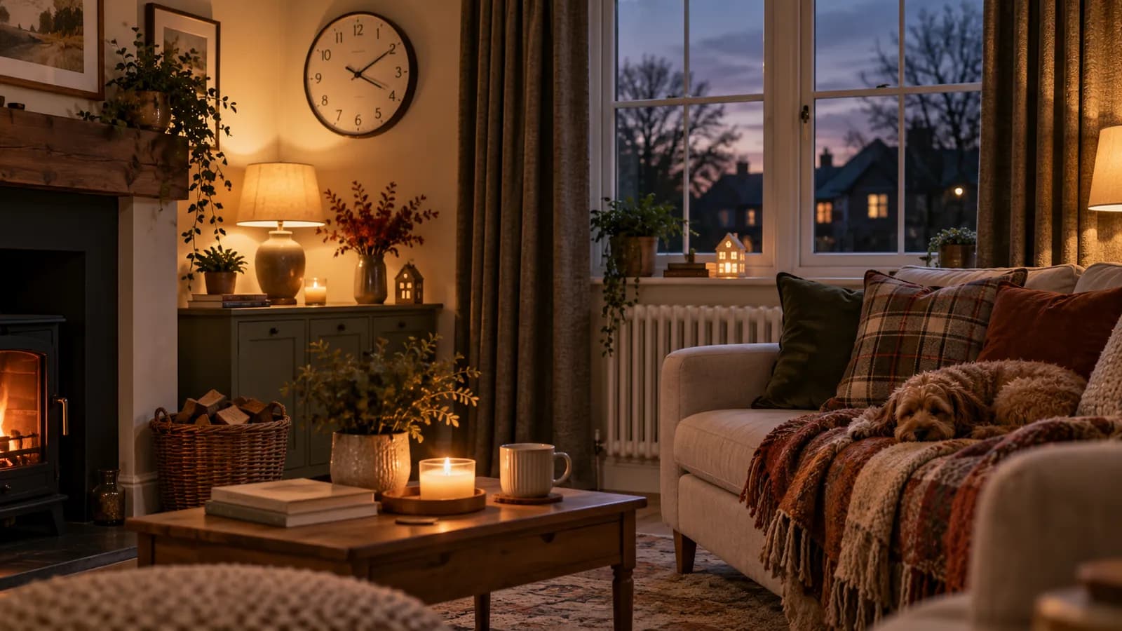A cozy living room at dusk with a dog sleeping on a blanket-covered sofa, a fireplace with a visible flame, and warm lighting from lamps and candles.