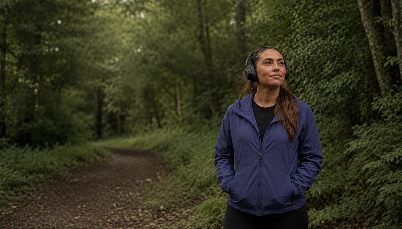 A woman wearing headphones and a blue jacket stands on a dirt path in a lush green forest, looking up and to the right.