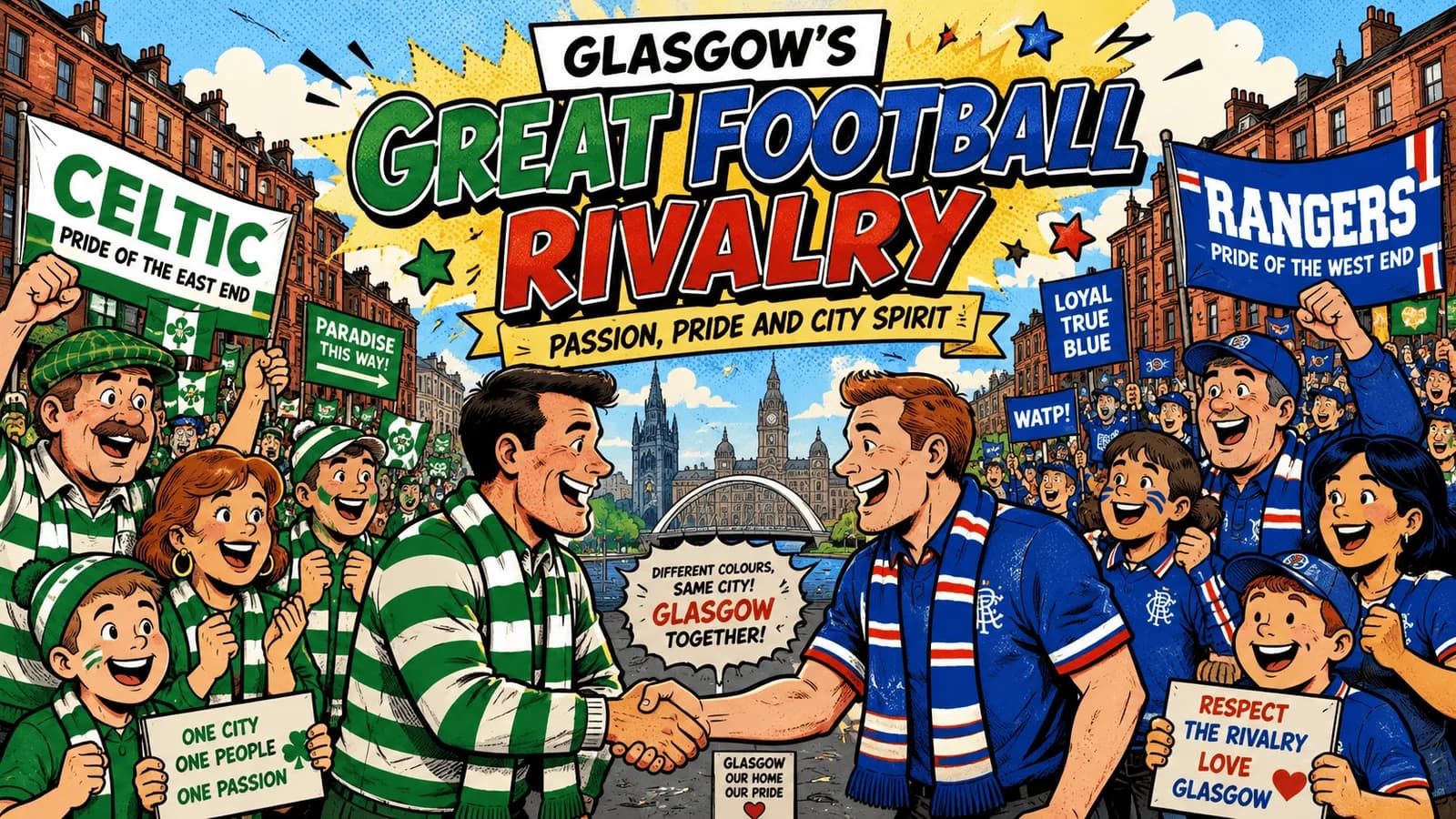 A cartoon illustration depicting two men, one in green and white stripes and the other in blue and white, shaking hands under the banner "GLASGOW'S GREAT FOOTBALL RIVALRY," with crowds of supporters from both teams cheering on either side and city landmarks in the background.