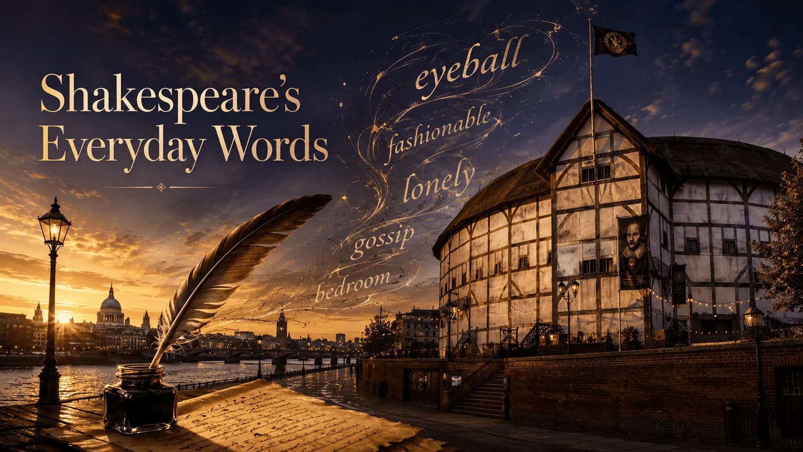 A feather quill in an inkwell at the forefront of a golden sunset-lit cityscape along a river, with the Globe Theatre on the right and text overlayed reading "Shakespeare's Everyday Words" alongside a swirling pattern of words.