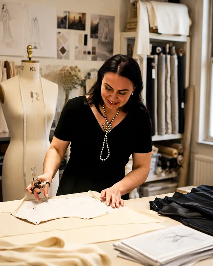A woman in a black top and long beaded necklace uses scissors to cut fabric with a pattern pinned to it, in a studio with a dress form and fabric bolts.