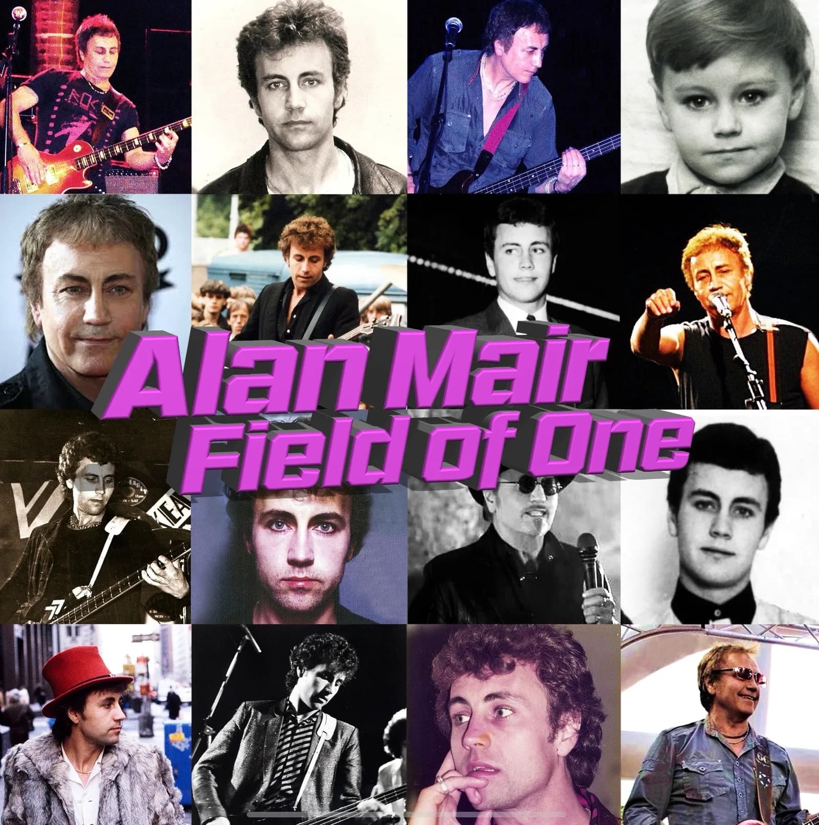A collage of Alan Mair at different ages and stages of his career, featuring him playing guitar, singing, and posing for portraits.