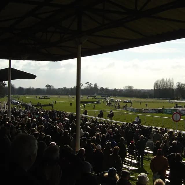 A large crowd of people gathered under a covered spectator stand, looking out over a wide green horse racing track with horses and jockeys visible in the distance.