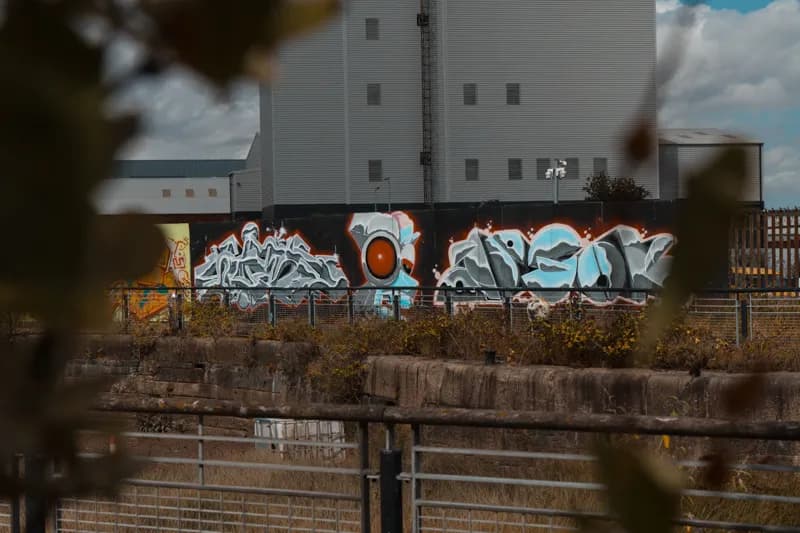 Graffiti art featuring stylized lettering and a red-orange eye-like design on a fence with industrial buildings in the background, partially obscured by out-of-focus foliage.