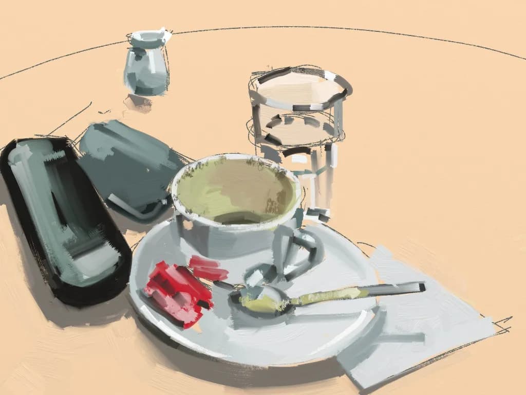 An expressive digital painting of a coffee cup, saucer with pastry remnants and a spoon, alongside a small pitcher, a water glass, and two phones on a round table.